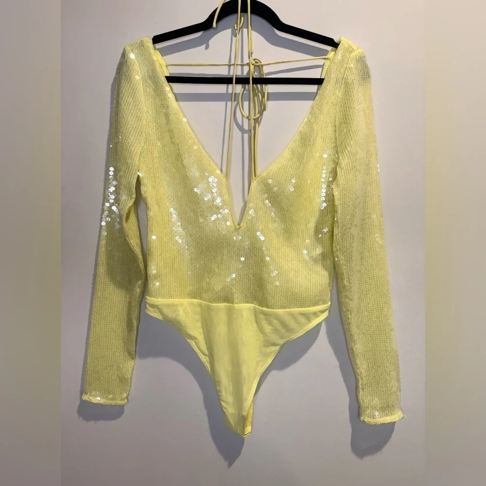 Bardot Verona Sequin Bodysuit – Canary Yellow – Size Large NWT